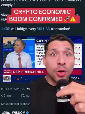 A man with wide eyes and a surprised expression is holding a black microphone, his face filling the foreground. Behind him, a split-screen shows a man speaking on a news set and a crypto price chart. Overlay text includes 'CRYPTO ECONOMIC' and 'BOOM CONFIRMED' in a red banner.