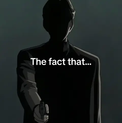 An animated image of a person, silhouetted in dark gray, holding a gun. The person is wearing a suit and has dark coloring on the face, and the background is dark gray. The text overlay says, "The fact that...".