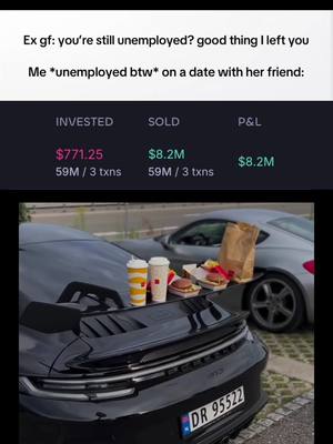 The image shows a black Porsche with food and drinks on the car's trunk. In the background, there is another grey car. Above the car, there is text overlayed that contains a dialog.