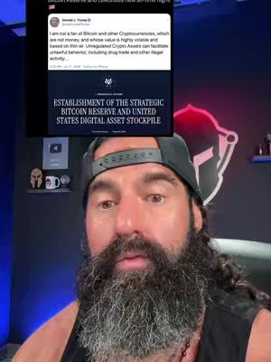 The cover image features a man with a beard and a black cap looking at the camera. Behind him, a screenshot of a tweet by Donald Trump about Bitcoin and an image of a document titled "Establishment of the Strategic Bitcoin Reserve and United States Digital Asset Stockpile" are displayed. The background is a blurred office setting with a logo on the right side.