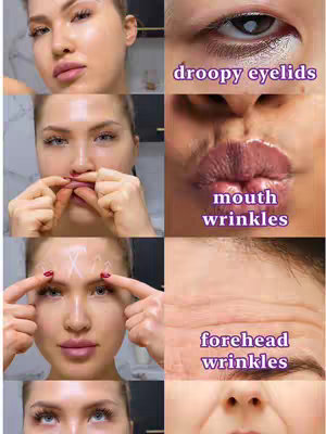 The image is a four-panel grid showcasing close-up images of a woman's face. The images appear to provide examples of problem areas. The woman is fair-skinned and has light hair. The panels include: an eye, mouth, and forehead. Colored text overlays appear in white or purple font, identifying the key areas being highlighted. The overall composition is a visual aid for face exercises.