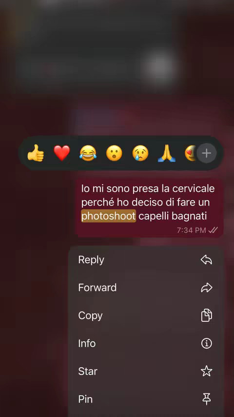 The cover image shows a phone screenshot of a text conversation set against a blurred background. A string of emojis (thumbs up, heart, laughing face, surprised face, concerned face, praying hands, and a heart within a circle) are displayed at the top. Below, there are chat bubbles with text in Italian, including a highlighted section that reads 'photoshoot'. At the bottom of the chats, reply and forward options are visible.