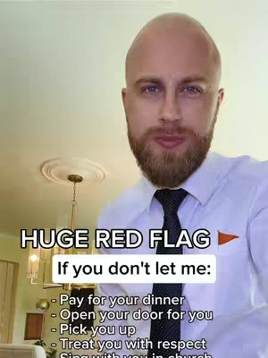 A man in a white shirt and black tie looks directly at the camera. Overlay text in white with a red flag graphic highlights phrases related to dating. The background subtly reveals a ceiling and part of a chandelier.