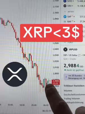 The cover image presents a digital chart displaying the price of XRP (Ripple), a cryptocurrency. Overlayed on the chart is a red rectangle with the text 'XRP<3$' indicating the price is below $3. The chart shows a downward trend, with a finger pointing at the current price. A cryptocurrency logo is in the bottom left.