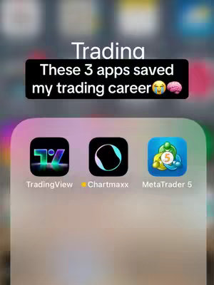 The cover image shows three app icons on a blurred background, with a text overlay at the top. The icons are from left to right: TradingView, Chartmaxx, and MetaTrader 5. The overlay states: "Trading These 3 apps saved my trading career" with a brain and crying face emoji. The apps are positioned above the iPhone bar.