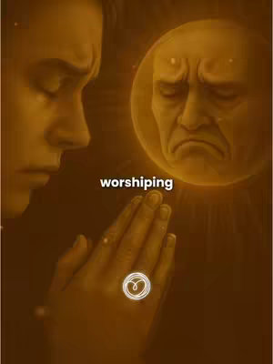 An illustration with a warm, gold-toned palette features a contemplative scene. A person on the left is shown in profile with eyes closed, hands clasped in prayer in the foreground. The right side shows a face in the center a glowing orb with a stern, frowning expression. The word 'worshipping' is overlaid near the clasped hands.