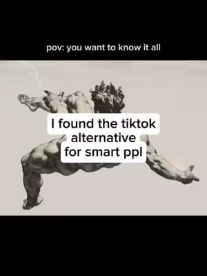 The image is a vertical video frame featuring a sepia-toned depiction of a muscular figure in a dynamic pose. Above the figure, the text "pov: you want to know it all" is written in white. A white rectangular box is placed over the figure, containing the text "I found the tiktok alternative for smart ppl" in a black font across multiple lines.