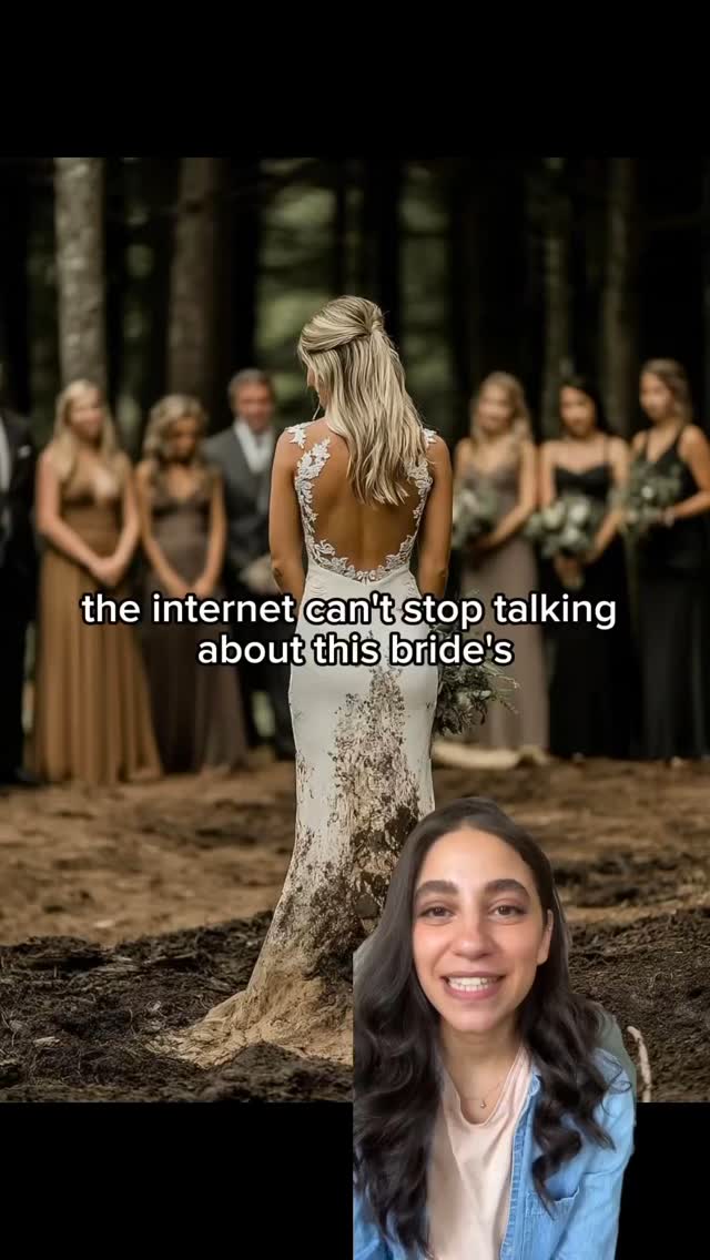The image shows a woman in a wedding dress from the back, standing outside in a forest setting. In the bottom right corner, there is a person, likely the content creator, smiling at the camera. Text overlays the image.