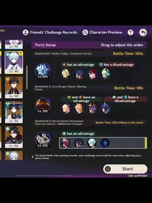 A screenshot from the mobile game Genshin Impact, displaying the game's interface with multiple in-game characters, challenge records, and battle settings.