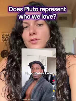 A woman with long, dark curly hair looks at the camera. Overlayed on the image of her is a smaller video screen showing a man with a black durag. Overlaid on the image are the words 'Does Pluto represent who we love?' in white with a purplish backdrop.