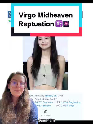 The cover image is a split-screen composition. On the left, a woman with glasses is looking at the camera, with the bottom half of her face visible. On the right, it shows a photo of Jennie Kim, a woman with black hair. Above the Jennie Kim photo is a colored banner with the text 'Virgo Midheaven Reptuation' with a Virgo symbol. At the bottom, some text which specifies the date of birth and some of her astrological placements.