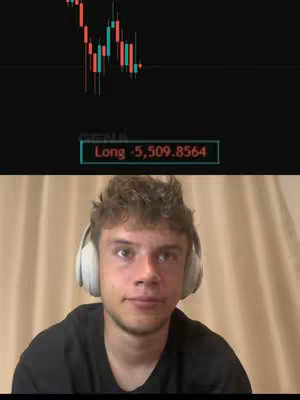 The cover image shows a young man with short, light-brown hair, wearing a black shirt and white headphones. He is sitting indoors with a neutral expression. Behind him is a screen displaying a real-time trading chart with red and green candlesticks. Below the chart, a text overlay indicates a financial loss with the label "Long -5,509.8564". The background appears to be a plain, light-colored curtain.