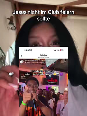The cover image shows a woman in the foreground, with her face and eyes taking up most of the frame. Behind her is a screenshot of an Instagram post about an event, with the text overlaid 'Jesus nicht im Club feiern sollte'. In the Instagram post there is a man speaking into a microphone at a club, and there are many people in the background.