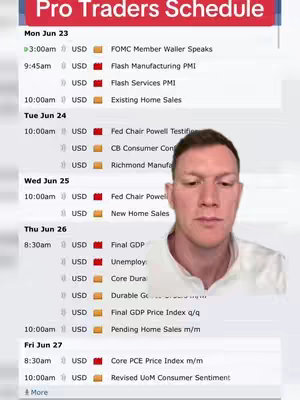 The cover image shows a man in the bottom right corner with a schedule of market events for the upcoming week displayed to the left and behind him. The schedule is titled "Pro Traders Schedule" and lists dates, times, currencies, and the specific economic events. The color palette is predominantly white and grey for the schedule, with a vertical red band at the top and red and orange icons. The man is in a light-colored shirt, looking towards the camera. The layout is a split screen with the man on one side and the schedule on the other, creating clear visual organization.