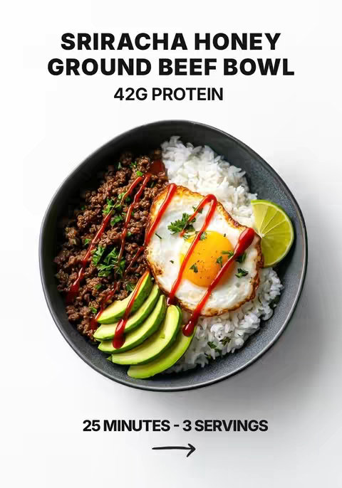 A top-down shot showcasing a prepared bowl of food. The bowl is dark gray, and the food elements are arranged attractively. Visible ingredients include a bed of white rice, topped with ground beef drizzled with sriracha sauce. An egg, cooked sunny-side up with a bright yellow yolk, rests on the rice. Sliced avocado, fresh parsley and a lime wedge complete the plate. The color palette consists of browns, greens, whites, and reds creating a vibrant display against a white background. Text overlays at the top read, "SRIRACHA HONEY GROUND BEEF BOWL" and "42G PROTEIN". At the base, the text reads, "25 MINUTES - 3 SERVINGS".