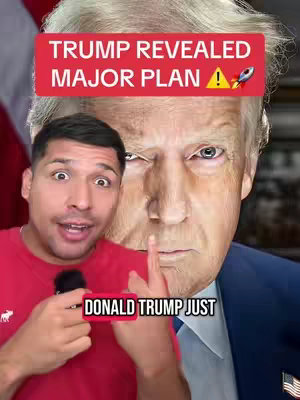 The cover image features a man in a red shirt with a surprised expression, holding a microphone. Behind him are superimposed images of Donald Trump. Text overlays highlight key information and create a sense of urgency.