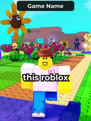 The image showcases a Roblox game scene with a blocky avatar standing in the foreground. The setting includes pixelated trees, flowers, and a pathway. A text overlay reads "this roblox" in a black box.
