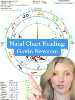 The image shows a woman with blonde hair pointing to a natal chart, part of a circular diagram with astrological symbols. The chart is set against a dark background, with a light blue title overlay that reads "Natal Chart Reading: Gavin Newsom". To her left, a secondary chart of astrological data appears.