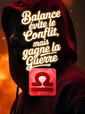 The cover image features a person in a dark red hoodie, with the hood up, their face partially obscured in shadow. Overlayed on the person is a bright, stylized text that reads, "Balance évite le conflit, mais gagne la Guerre" (Balance avoids conflict, but wins the War). Below this, a red square contains the Libra zodiac symbol. The background appears to be a dark, unclear setting, with warm, reddish tones.