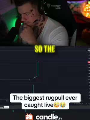 A man with tattoos on his neck and face looks towards the left. Below the man is a screen that presents the graph of an asset. There are overlaid texts that read; "So the", and "The biggest rugpull ever caught live"
