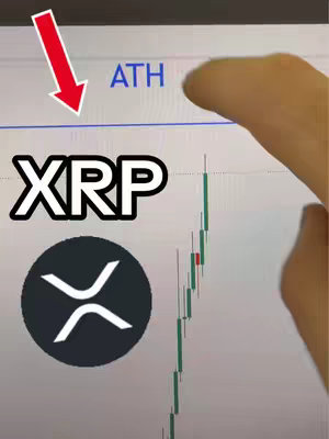 The image shows a hand pointing towards the word "ATH" on a stock chart display, with the logo and the name of XRP visible below. The chart appears to show a rising trend, suggesting the focus is on cryptocurrency analysis. The colors are primarily white, black, and green.