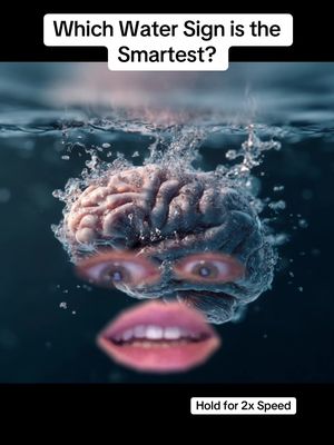The cover image shows a brain emerging from water, with added eyes and a mouth to create a face. Above, text asks, "Which Water Sign is the Smartest?" Below, text reads "Hold for 2x Speed."