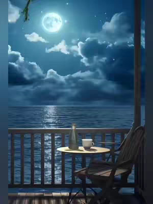 An idyllic night scene on a porch overlooking the ocean. A full moon shines brightly in a dark, cloud-filled sky, reflecting on the water. A small table with a bottle and a cup sits on the porch, with a chair to the right. The porch is framed with a wooden railing.