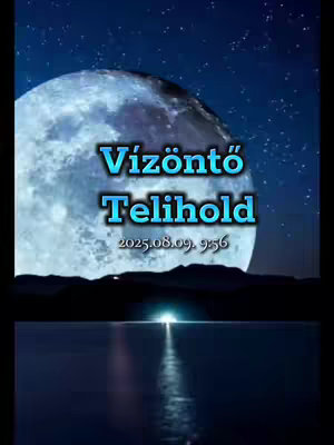 A serene, night-time view. The image is dominated by a full moon in a dark blue sky sprinkled with stars. Below the moon, dark silhouettes suggest a landscape, possibly mountains. The foreground features a body of water reflecting a pathway of light towards the horizon. Overlayed on the moon is text in teal blue. The overall composition creates a calming, slightly mystical atmosphere.