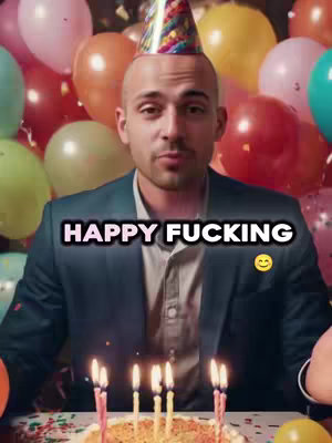 A man wearing a party hat and a blazer is centered in front of a backdrop of colorful balloons. Below the man is a birthday cake with lit candles.