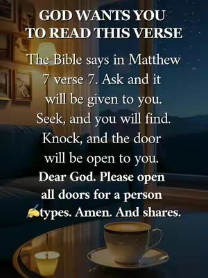 The image shows a serene indoor scene at dusk or night. A large window reveals a dark blue sky. On a table in the foreground is a lit candle and a cup of coffee. In the center is a text overlay with inspirational text from the Bible. The composition is balanced, with soft lighting from the candle casting gentle shadows within the room.