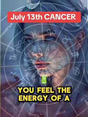 The cover image features a digitally enhanced illustration of a woman's face with astrological symbols overlaid. The text banner prominently displays "July 13th CANCER". The overall color scheme is cool-toned, with blue and white hues dominating. A battery icon is placed near her mouth and text at the bottom reads "YOU FEEL THE ENERGY OF A".