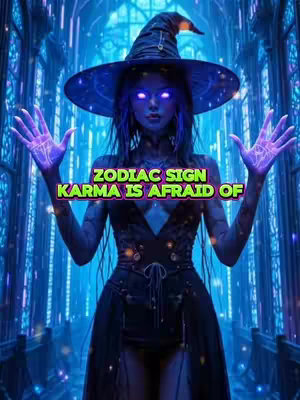 A digitally rendered image featuring a woman in a witch hat and dark outfit. Her hands are outstretched, displaying glowing symbols, and her eyes glow. The background shows a blue, futuristic-looking architectural design. Text overlayed in a colored box reads: "ZODIAC SIGN KARMA IS AFRAID OF".