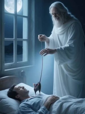 An AI-generated image depicts a room with a man sleeping in a bed, a window with a full moon, a celestial figure (possibly God or an angel) smiling down with a dangling creature, possibly a mouse, above the man.