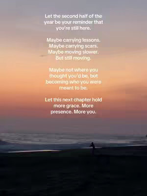 A serene landscape with a gradient of colors from dusky pink to orange sets the backdrop. Silhouetted against this are a figure standing and text overlayed in a white font.