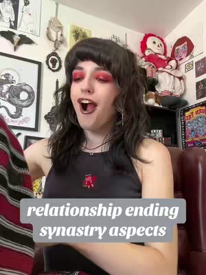 A woman with dark hair and red eye makeup is shown with her mouth open in surprise. The background includes room decorations and a text overlay that reads "relationship ending synastry aspects".