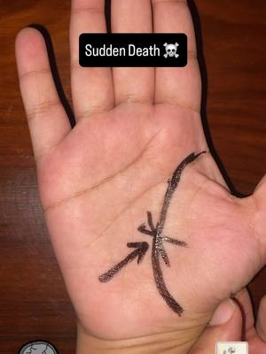A close-up of an open hand with palm lines visible. Overlaid on the image is a black box with the text "Sudden Death" and a skull and crossbones symbol. Drawn on the palm are shapes that appear to be markings used in palmistry. The background seems to be a dark wooden surface.