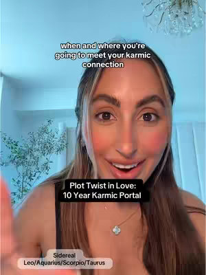 A woman with long brown hair and makeup is looking at the camera and smiling. Text overlays indicate the topic is about a karmic connection with astrological details at the bottom.