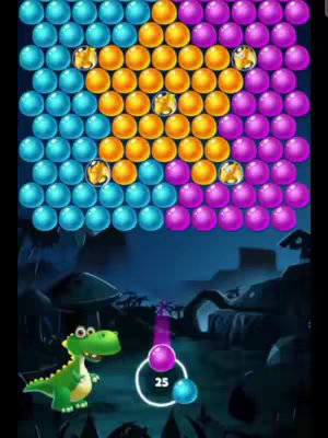 The image is a colorful depiction of a bubble shooter game in action. A grid of colorful bubbles, including blue, yellow, and purple, fills the top portion. A cartoon green dinosaur character is on the lower left, appearing to watch the game. Below, a purple ball is being shot, with a number '25' displayed on a white circle, and a smaller blue ball is visible. The background is a dark, stylized forest scene.