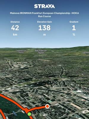 The image showcases a Strava map view, depicting a run course along a river with surrounding urban and natural landscapes. It shows key race metrics like distance, elevation gain, and gradient. The Strava logo is visible at the top, with a graphic representation of the run route overlaid on a partial aerial view of a city with a river.