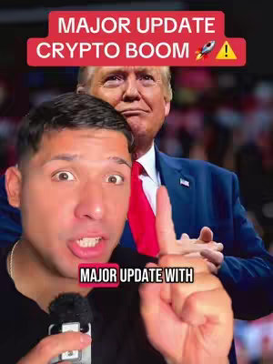 The cover image features a man with an excited expression in the foreground, against a blurry background of Donald Trump. Text overlays highlight key phrases related to a major crypto update and a potential boom. The man is pointing with his right index finger, drawing viewers' attention.