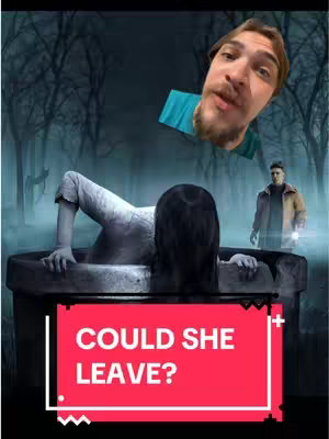 The image is a composite, featuring elements from The Ring and Dead by Daylight. Sadako emerges from a bathtub, with the creator's face overlaid above, reacting humorously. Another figure representing the Oni from Dead by Daylight is standing in the background, enhancing a horror-themed composition. A red text overlay that is a video hook completes the composition.