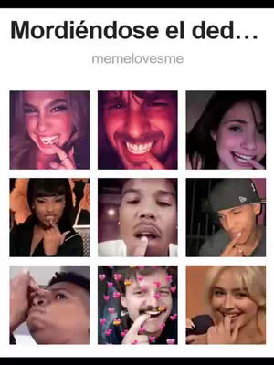 The image is a grid of nine different individuals in varied expressions, each biting or touching their finger to their lip, set against a dark background. The top has text in a bold, white font, "Mordiendose el ded...".