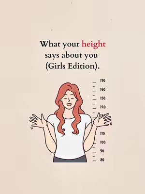 The image features a light peach background with text overlayed. At the top, there's a title in a bold, dark font: "What your height says about you (Girls Edition)." Below this, a cartoon illustration of a woman with long red hair, wearing a white shirt and extending her open hands outwards. To the right, there's a height scale marked from 80 to 170, suggesting a comparison of heights.
