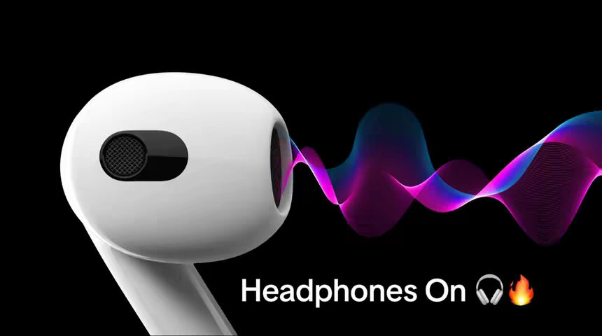 A close-up of a white Apple AirPods Pro earbud against a black background. To the right of the earbud, a wave-like animation emanates, transitioning in color from blue to purple. Below, the words 'Headphones On' appear in white with a headphone icon and a flame graphic.