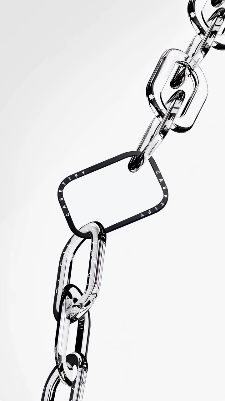 Abstract image featuring a transparent chain that holds a modern phone case. The chain links appear glossy and reflective, and the phone case is a sleek rectangle with rounded corners, also made of transparent material. The brand 'CASETiFY' is printed on the case.