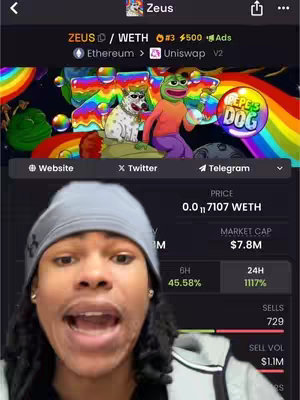 A person with dark hair and a grey beanie is in front of the phone screen. Behind them is a crypto app screenshot with coin data and cartoon art.