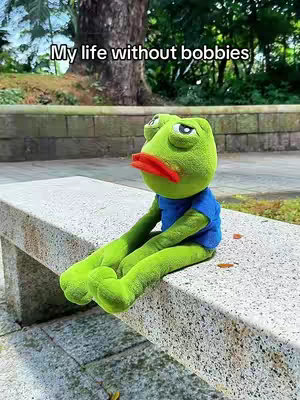 A stuffed frog sits on a concrete bench outdoors. The frog is green with a blue shirt, and an angry expression. Above it is a text overlay.