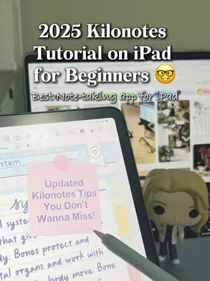 The cover image shows a close-up of an iPad with the Kilonotes app open, over which are several text overlays. A small figurine and an open laptop with a background display are behind the iPad. The central subject is a pink sticky note that stands out visually.