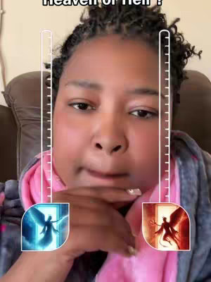 The image features a close-up of a person's face with hands near their mouth, with scales and angel/devil images on the sides. Text overlays are present, suggesting a comparison of heaven and hell.