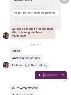 The image shows a screenshot of a text conversation between two people using a messaging app. Bubble-shaped text boxes contain the messages; the left side of the screen has profile pictures of the person who is sending the message, while the right side has their message. The messages discuss ideas for dates and wedding plans, and a voice memo icon is also visible.